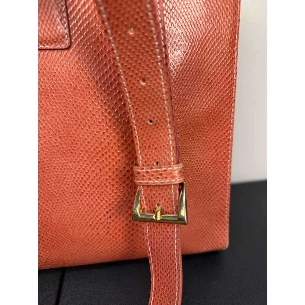 Franklin Covey Briefcase Crossbody Bag Lizard Embossed Pink Coral Leather Laptop